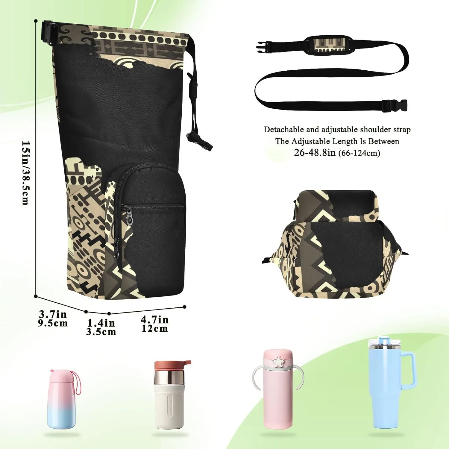 Water Bottle Sling Sleeve Bag, Bottle Carrier Holder Case Cover with Removable Strap Travel Cup Mug Storage with Pockets Vintage Africa Map on Tribal Ethnic Patchwork Background