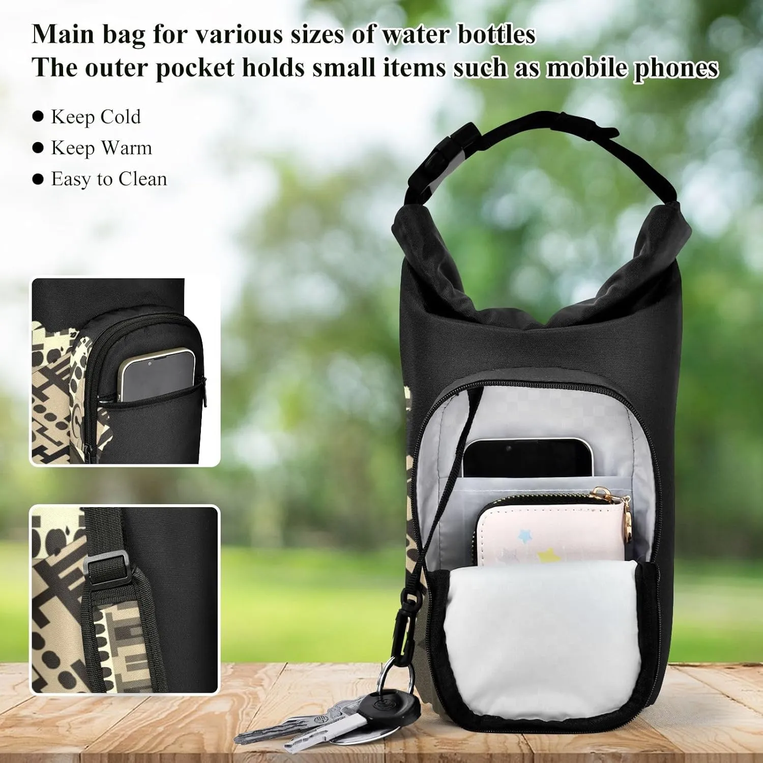 Water Bottle Sling Sleeve Bag, Bottle Carrier Holder Case Cover with Removable Strap Travel Cup Mug Storage with Pockets Vintage Africa Map on Tribal Ethnic Patchwork Background