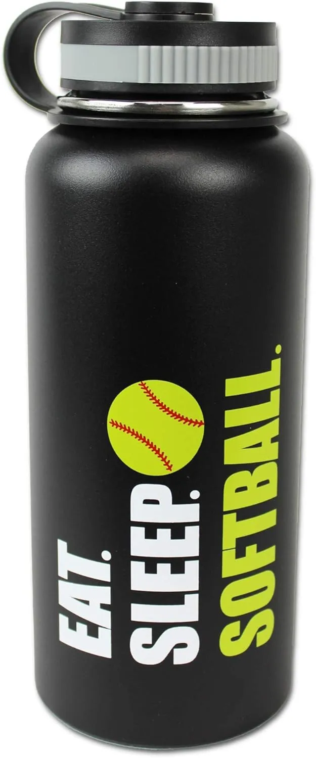 Water Bottle Softball Tumbler 32 oz Gift for Mom Men Flask Sports Travel Waterbottle, Stainless Steel, Vacuum Insulated, Keeps Water Cold for 24, Hot for 12 hours (Black Softball)