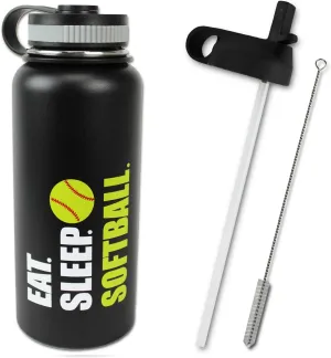 Water Bottle Softball Tumbler 32 oz Gift for Mom Men Flask Sports Travel Waterbottle, Stainless Steel, Vacuum Insulated, Keeps Water Cold for 24, Hot for 12 hours (Black Softball)