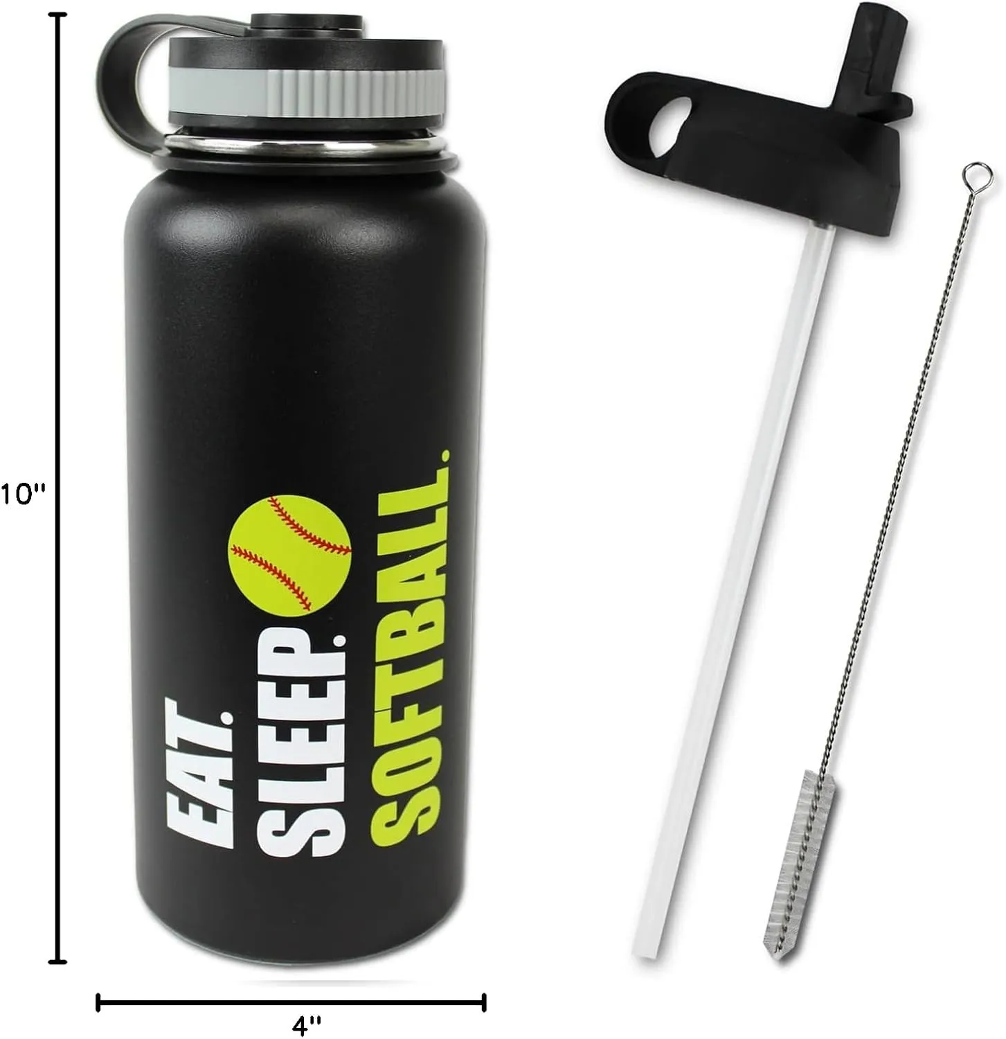 Water Bottle Softball Tumbler 32 oz Gift for Mom Men Flask Sports Travel Waterbottle, Stainless Steel, Vacuum Insulated, Keeps Water Cold for 24, Hot for 12 hours (Black Softball)