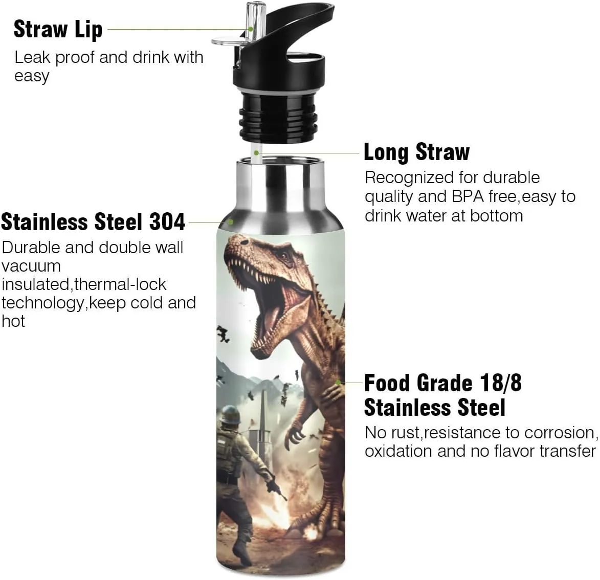 Water Bottle with Straw 3D Dinosaur T-Rex Disaster Dragon Lid Thermos Boys Insulated Stainless Steel Water Flask Sports, 20 oz Hot Cold