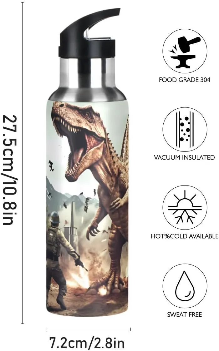 Water Bottle with Straw 3D Dinosaur T-Rex Disaster Dragon Lid Thermos Boys Insulated Stainless Steel Water Flask Sports, 20 oz Hot Cold
