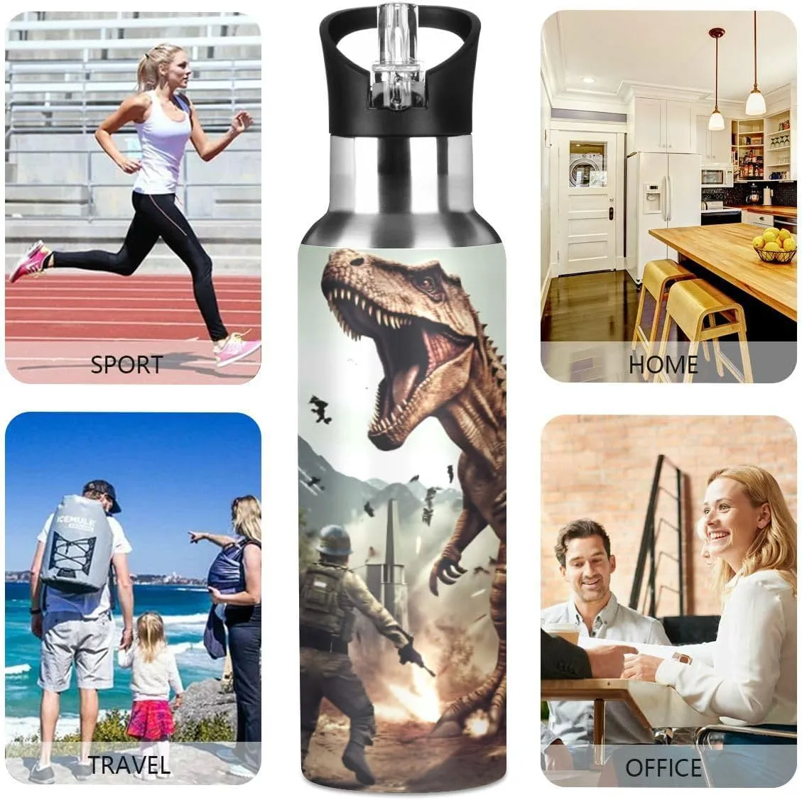 Water Bottle with Straw 3D Dinosaur T-Rex Disaster Dragon Lid Thermos Boys Insulated Stainless Steel Water Flask Sports, 20 oz Hot Cold