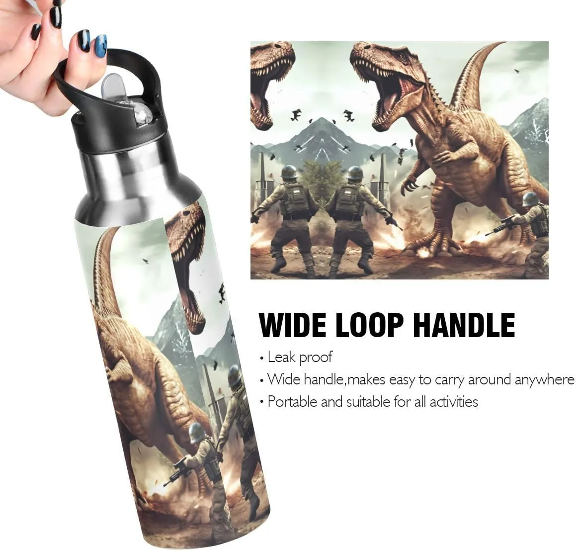 Water Bottle with Straw 3D Dinosaur T-Rex Disaster Dragon Lid Thermos Boys Insulated Stainless Steel Water Flask Sports, 20 oz Hot Cold