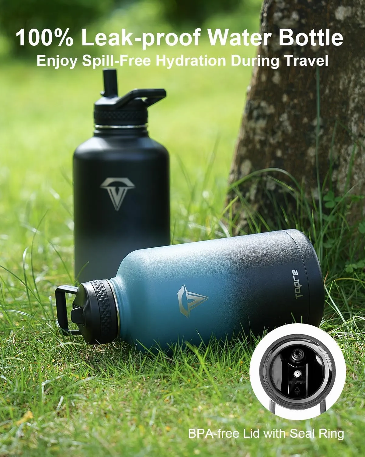 Water Bottles 64 oz, Insulated Water Bottle with Straw, Triple Wall Vacuum Stainless Steel Water Bottle, Leak Proof Large Water Bottle with 3 Lids & Brush, Sport Water Bottle For Gym Camping