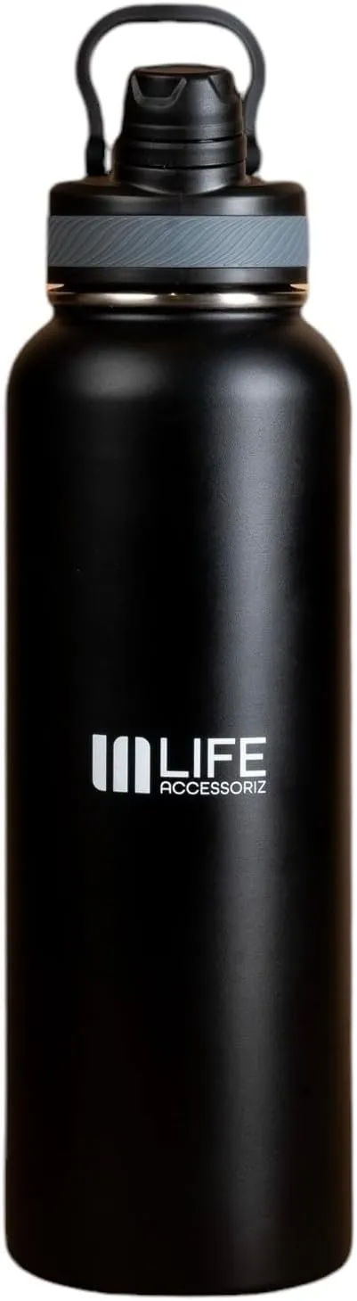 Water thermos bottles- 3 Lids, Leak-proof Stainless Steel Gym & Outdoor water bottle with straw for Men&Women - Double Wall, insulated tumblers 40 OZ Black thermos for hot drinks