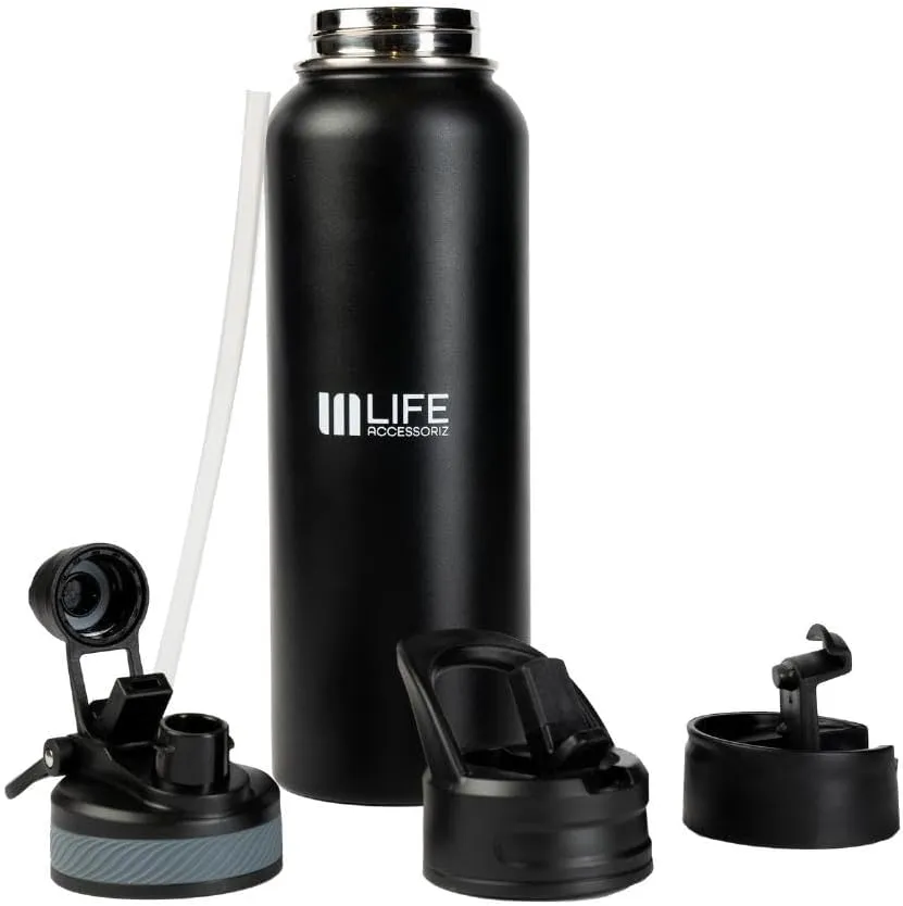 Water thermos bottles- 3 Lids, Leak-proof Stainless Steel Gym & Outdoor water bottle with straw for Men&Women - Double Wall, insulated tumblers 40 OZ Black thermos for hot drinks
