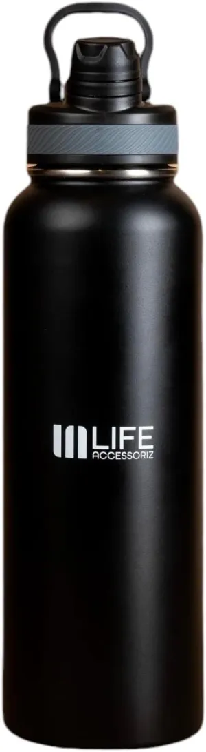 Water thermos bottles- 3 Lids, Leak-proof Stainless Steel Gym & Outdoor water bottle with straw for Men&Women - Double Wall, insulated tumblers 40 OZ Black thermos for hot drinks