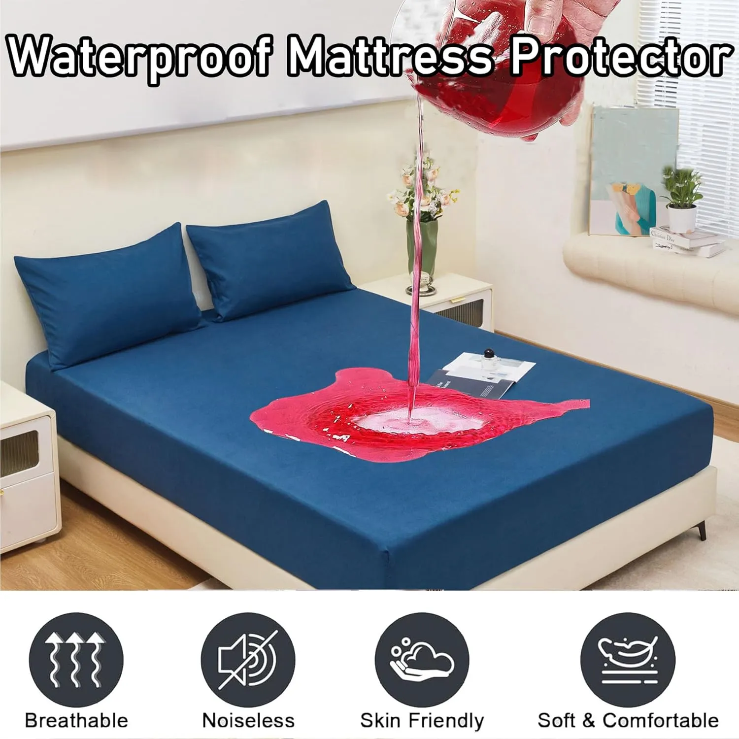 Waterproof Mattress Protector Queen, Soft Breathable Solid Color Mattress Cover Stretches up to 11", Noiseless Washable Bed Cover for Kids Adults Pets (Include Pillowcases) (B,Twin XL)