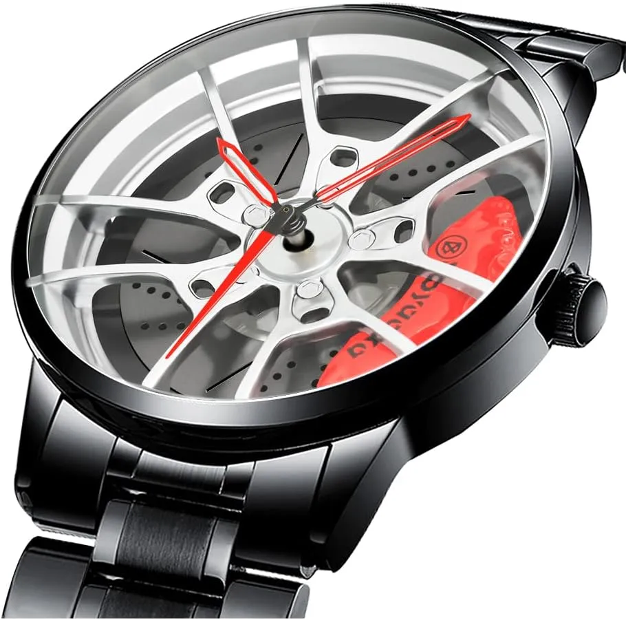 Waterproof Stainless Steel Japanese Quartz Wrist Watch With Wheel Rim Hub Design for Car Enthusiasts - Men's Sports Watches
