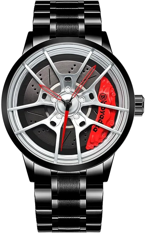 Waterproof Stainless Steel Japanese Quartz Wrist Watch With Wheel Rim Hub Design for Car Enthusiasts - Men's Sports Watches