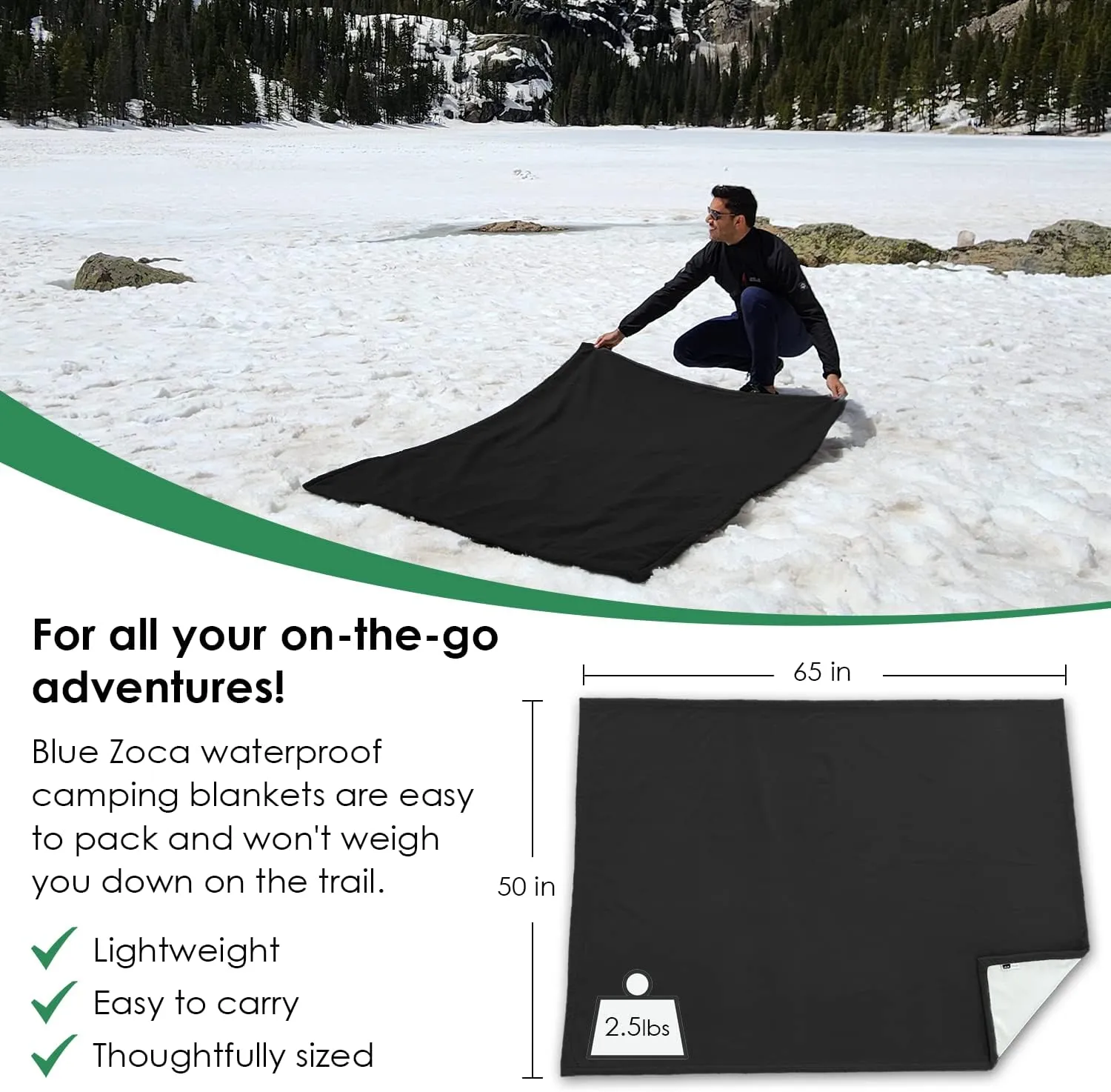Waterproof Travel Blanket | for Camping, Hiking, Outdoor Sporting Events, Picnics & More | Three Layers to Keep You Warm & Dry Anywhere | Machine Washable & Pet Friendly - 65x50in Black
