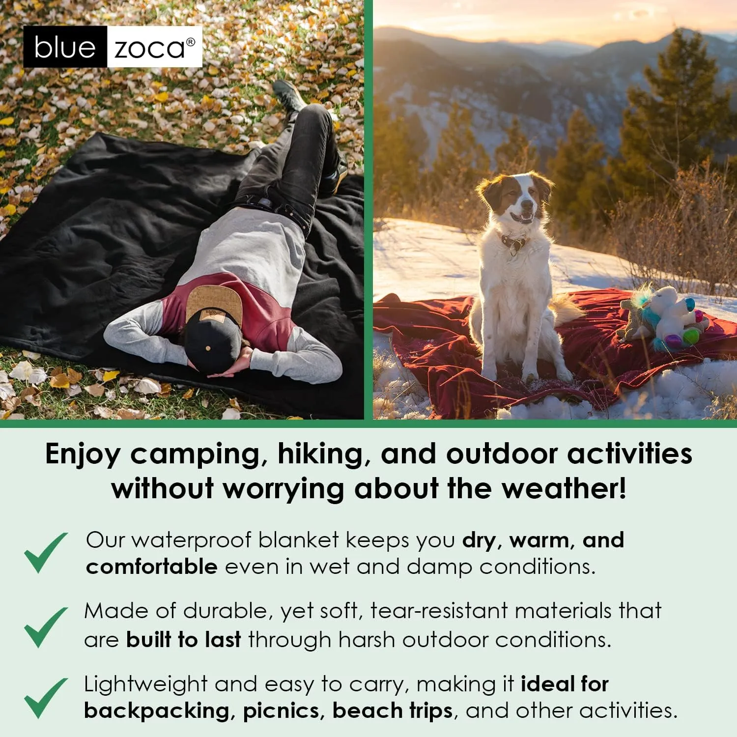 Waterproof Travel Blanket | for Camping, Hiking, Outdoor Sporting Events, Picnics & More | Three Layers to Keep You Warm & Dry Anywhere | Machine Washable & Pet Friendly - 65x50in Black