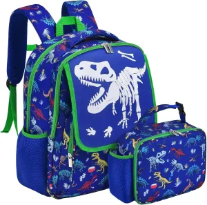 WERNNSAI Luminous Dinosaur Backpack Set for Boys - Boy School Backpack with Lunch Box for Preschool Kindergarten Elementary Jurassic World Bookbag Lightweight Camping Insulated Insulated Lunch Bag