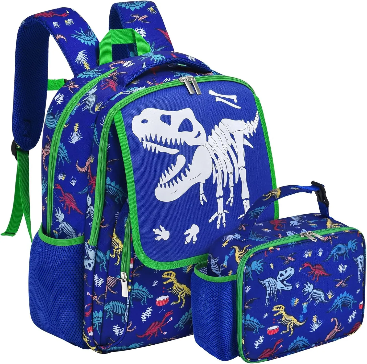 WERNNSAI Luminous Dinosaur Backpack Set for Boys - Boy School Backpack with Lunch Box for Preschool Kindergarten Elementary Jurassic World Bookbag Lightweight Camping Insulated Insulated Lunch Bag