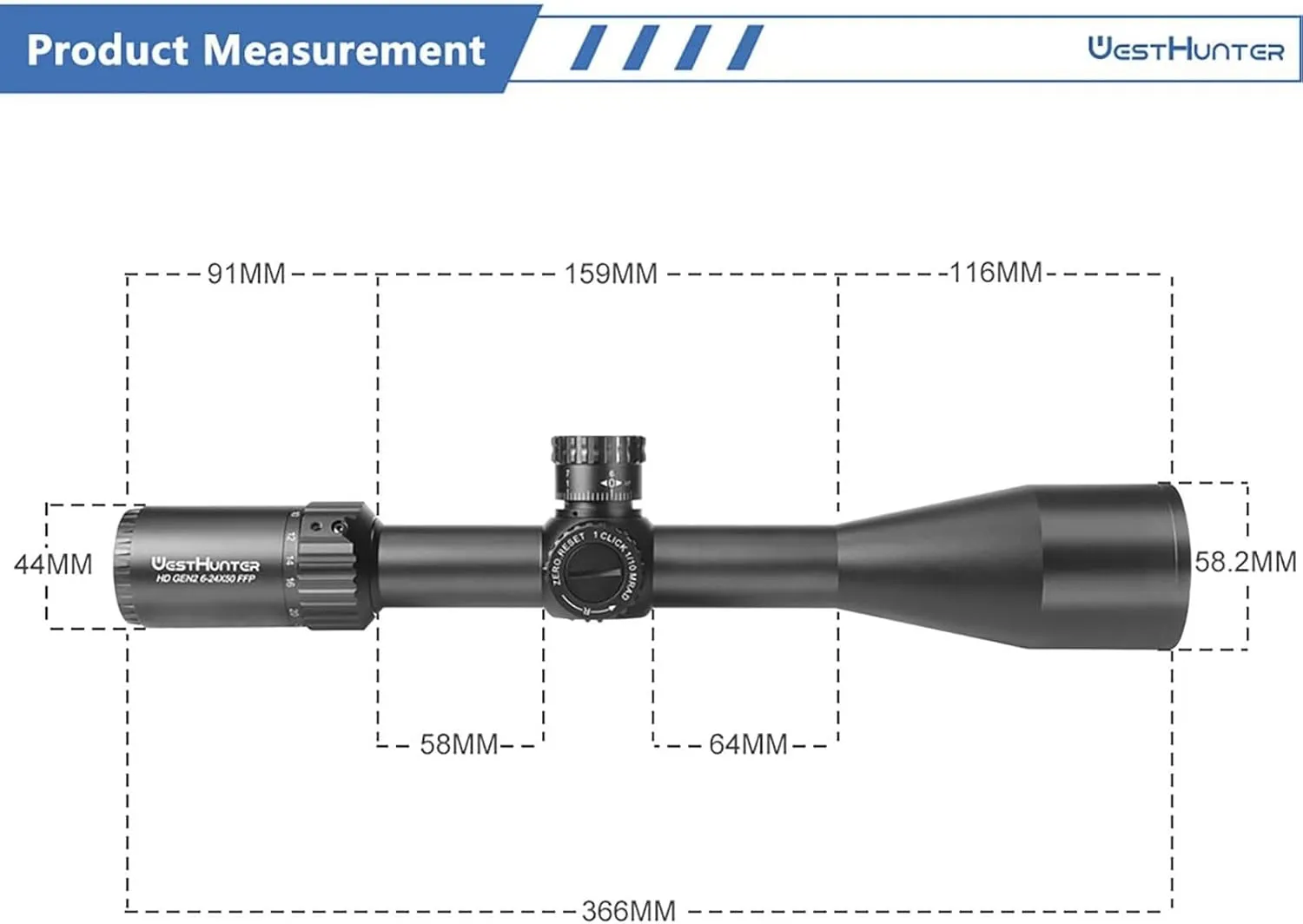 WestHunter Optics HD GEN2 6-24x50 FFP Precision Competition Riflescope, 30 mm Tube First Focal Plane Etched Glass Reticle Tactical 1/10 MIL Shooting Scopes | Zero Stop/Zero Reset