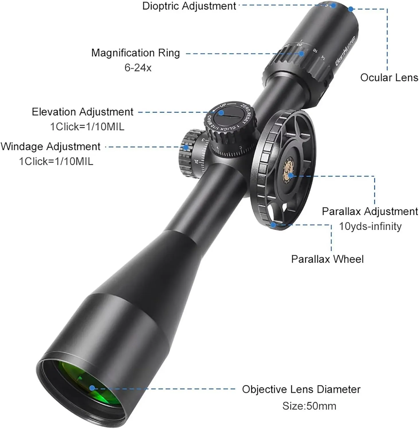 WestHunter Optics HD GEN2 6-24x50 FFP Precision Competition Riflescope, 30 mm Tube First Focal Plane Etched Glass Reticle Tactical 1/10 MIL Shooting Scopes | Zero Stop/Zero Reset