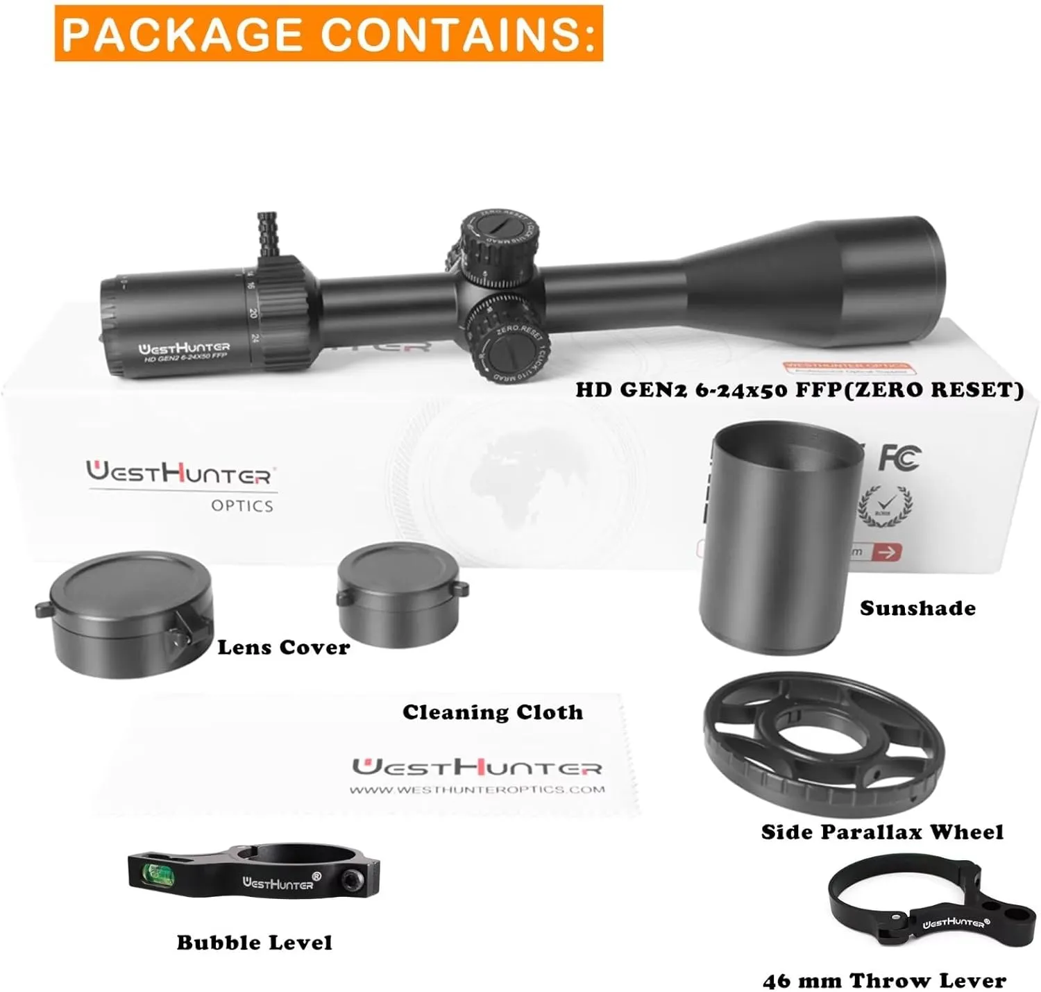 WestHunter Optics HD GEN2 6-24x50 FFP Precision Competition Riflescope, 30 mm Tube First Focal Plane Etched Glass Reticle Tactical 1/10 MIL Shooting Scopes | Zero Stop/Zero Reset