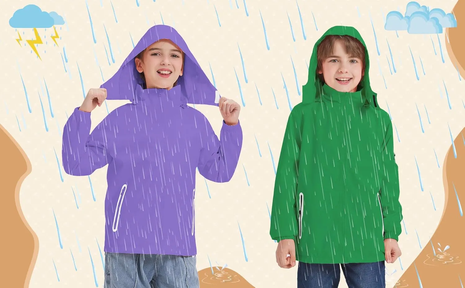 WICKHAM Boys Girls Waterproof Rain Jacket Detachable Hood Lightweight Raincoats for Kids Windbreaker Coat