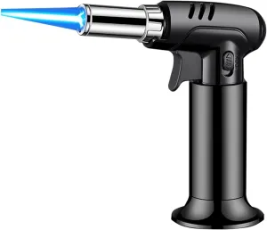 Windproof Blue Torch Lockable Flame Adjustable and refillable Lighter, Suitable for Outdoor Candle Camping (Butane is not Included)(Black)