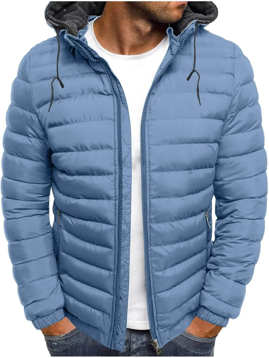 Winter Puffer Jacket for Men Windproof Lightweight Full Zip Hooded Puffy Jackets Quilted Thicken Insulated Down Coats