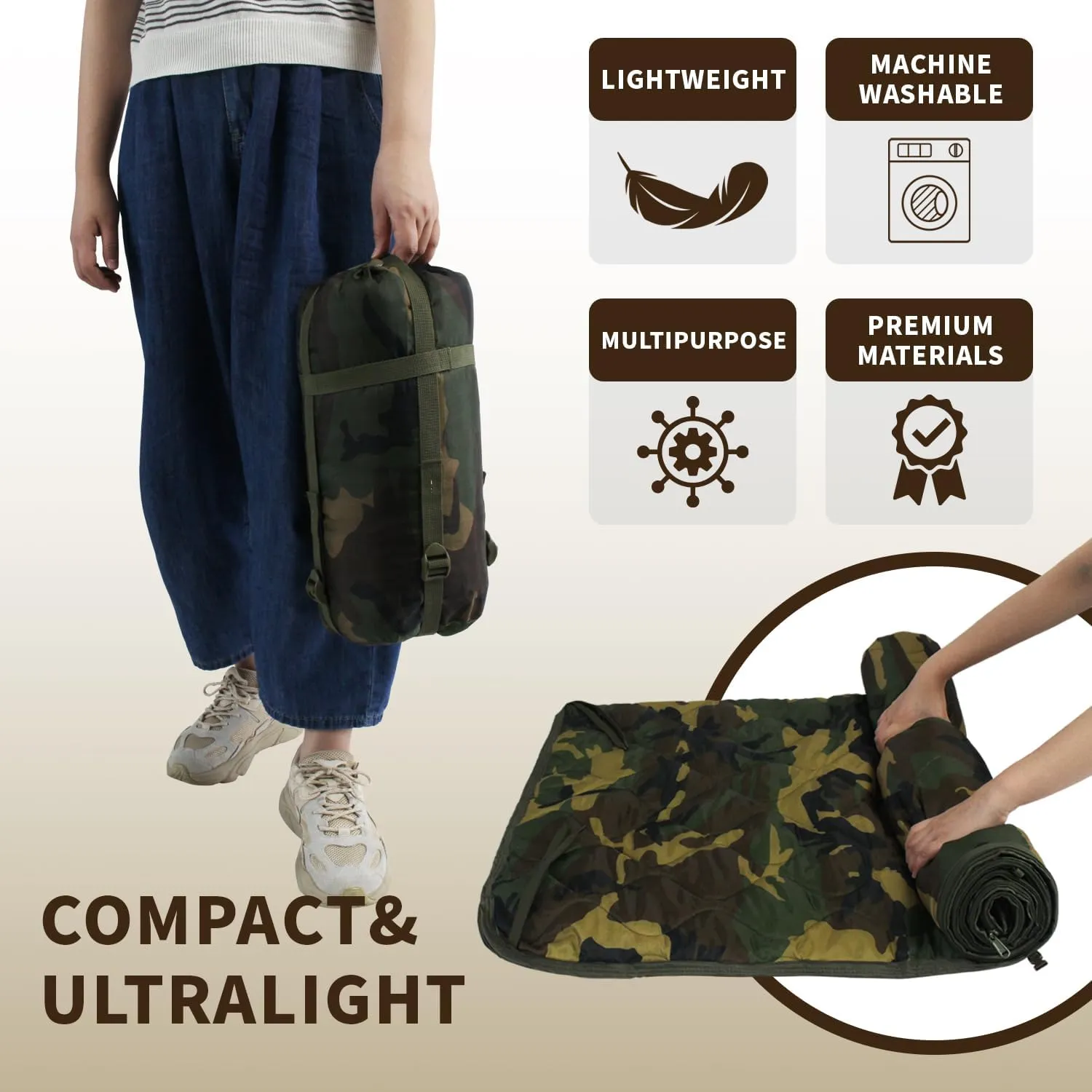 WINWAY Outdoor Down Camping Blanket Military Camping Sleeping Bag with Zipper,Packable Waterproof Lightweight Poncho Liner for Hiking,Travel, Stadium