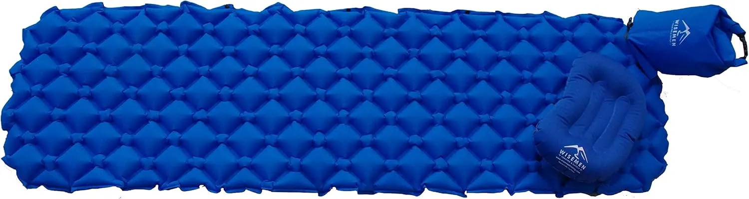 Wisemen Outdoors Ultralight Inflating Travel, Camping, Backpacking, Beach Pillow. Compressible. (Sleeping pad, Inflation Bag, and Pillow.)