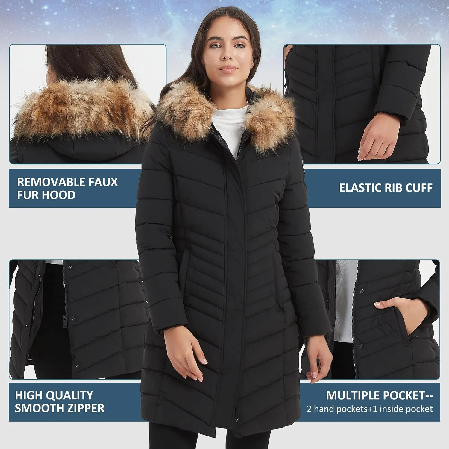 Women's Padded Jacket, Thicken Parka Faux Fur Vegan Down Long Parka Winter Jacket Warm Hooded Outwear XS-XXL