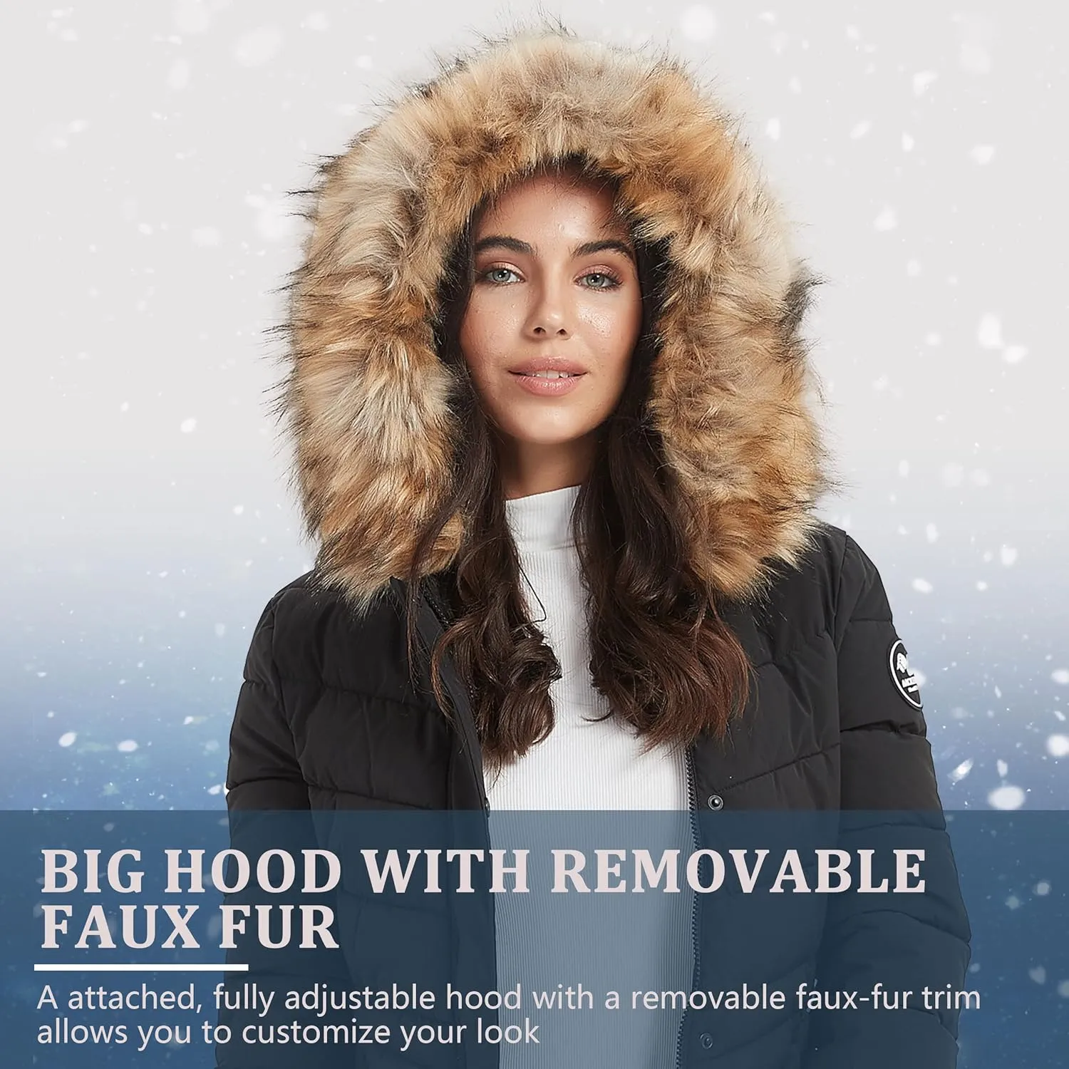 Women's Padded Jacket, Thicken Parka Faux Fur Vegan Down Long Parka Winter Jacket Warm Hooded Outwear XS-XXL