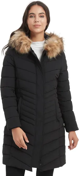 Women's Padded Jacket, Thicken Parka Faux Fur Vegan Down Long Parka Winter Jacket Warm Hooded Outwear XS-XXL