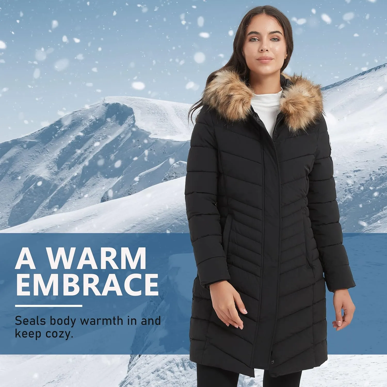 Women's Padded Jacket, Thicken Parka Faux Fur Vegan Down Long Parka Winter Jacket Warm Hooded Outwear XS-XXL