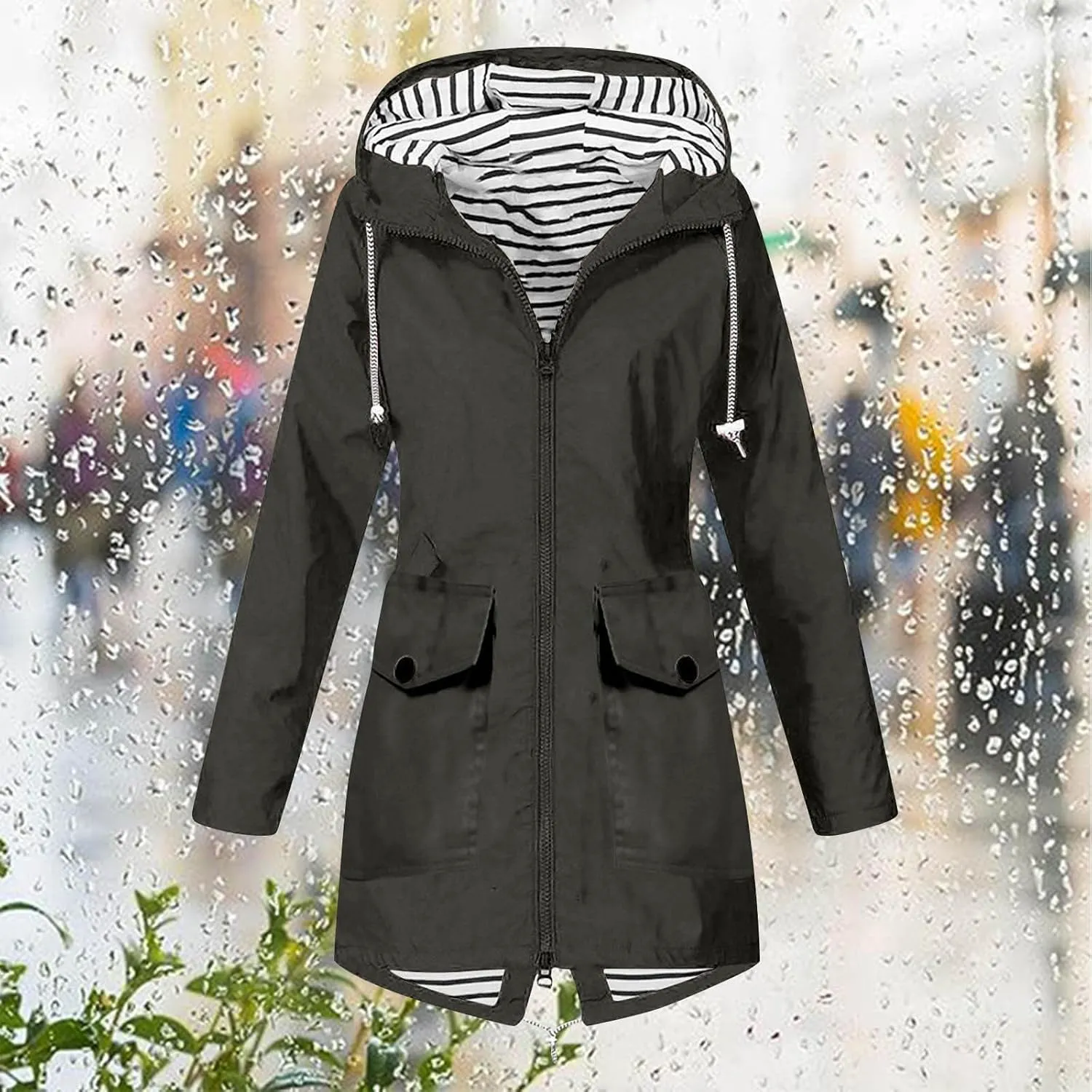 Womens Rain Jacket with Hood Waterproof Packable Raincoat Lightweight Windbreaker Trench Coat Spring Fall Jackets