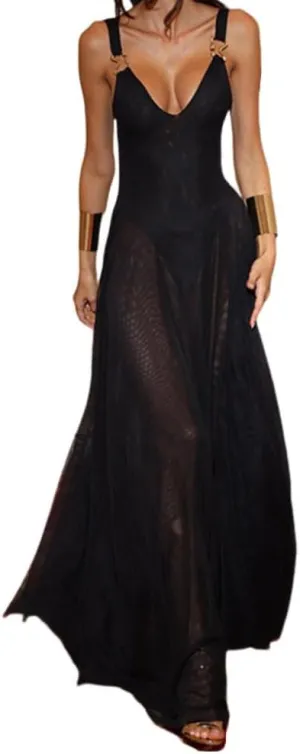 Women's Sexy Deep V-Neck Retro Sleeveless Solid Color Mesh A-line Dress Lace Cocktail Party Wedding Dress