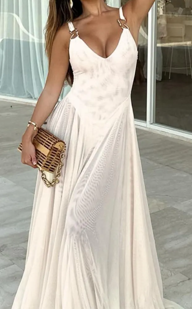 Women's Sexy Deep V-Neck Retro Sleeveless Solid Color Mesh A-line Dress Lace Cocktail Party Wedding Dress