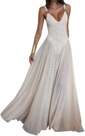 Women's Sexy Deep V-Neck Retro Sleeveless Solid Color Mesh A-line Dress Lace Cocktail Party Wedding Dress