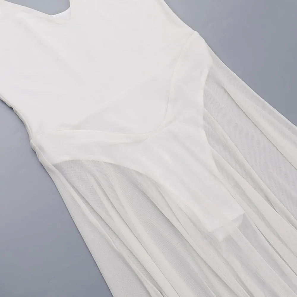 Women's Sexy Deep V-Neck Retro Sleeveless Solid Color Mesh A-line Dress Lace Cocktail Party Wedding Dress