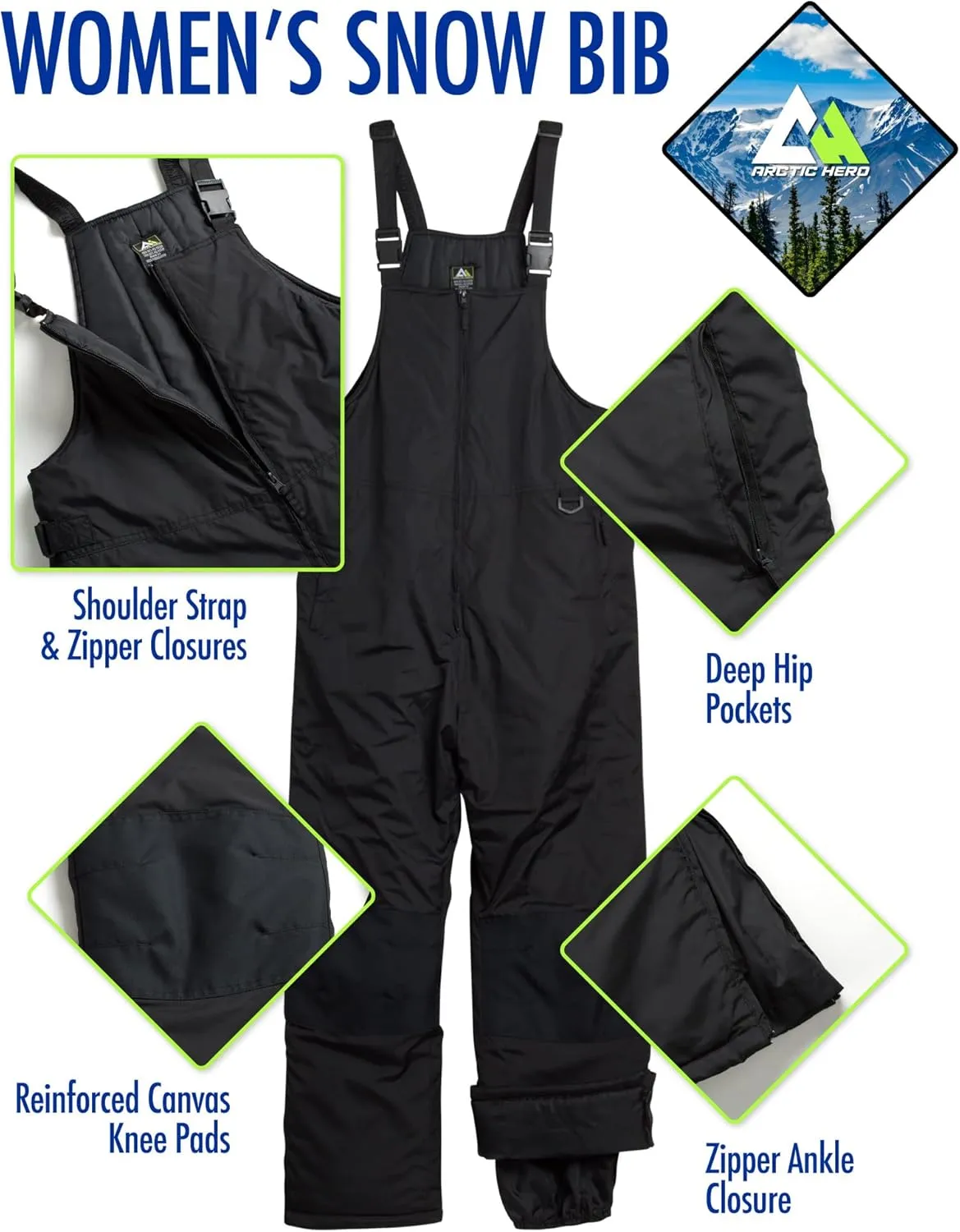 Women's Ski Snow Bib - Waterproof Insulated Ski Pants Snowboard Overalls - Snow Pants for Women (Sizes: S-2XL)