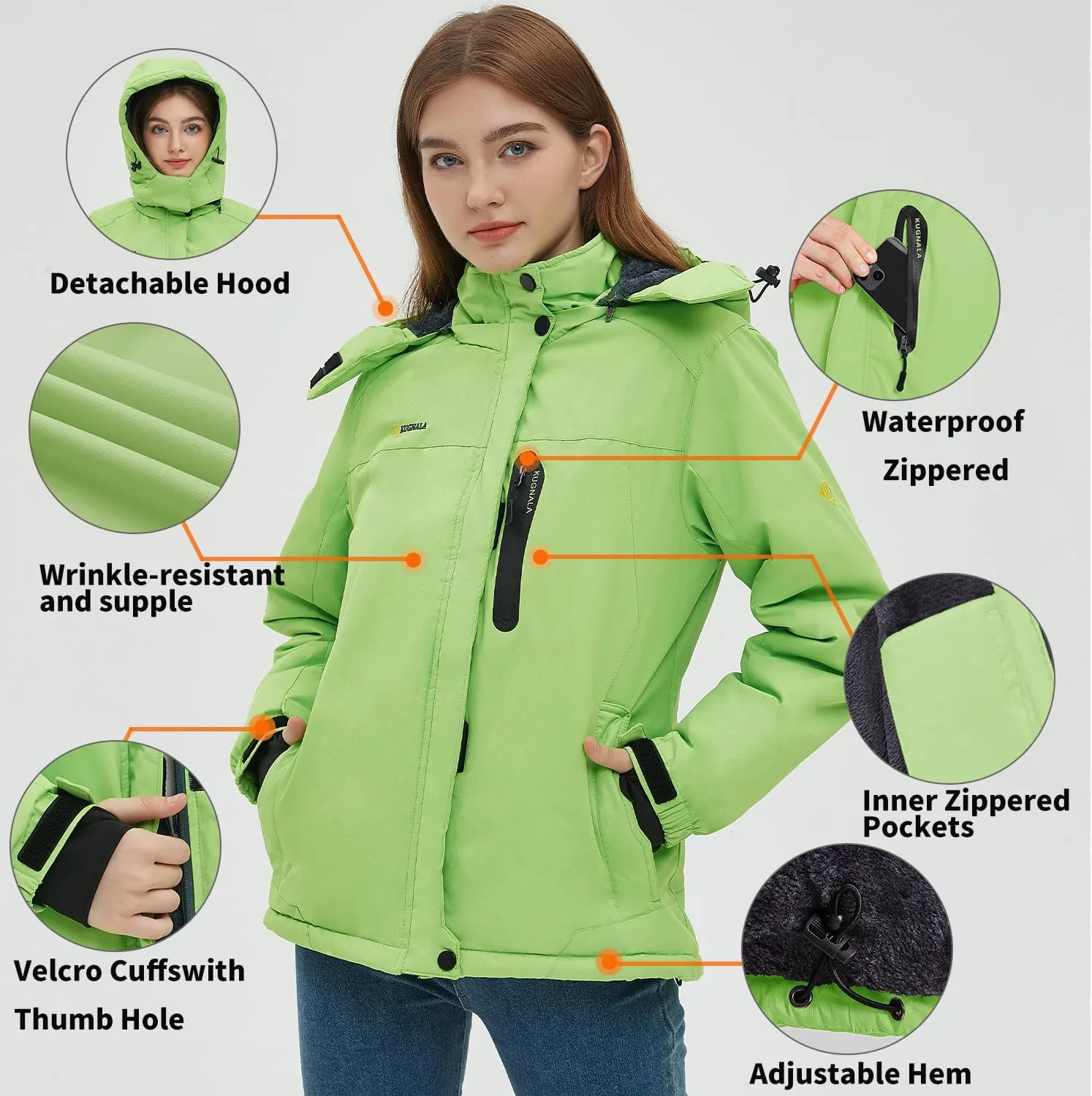 Women‘s Waterproof Winter Jacket Skiing Warm Fleece Snow Coat Hooded Windproof Raincoat S-3XL