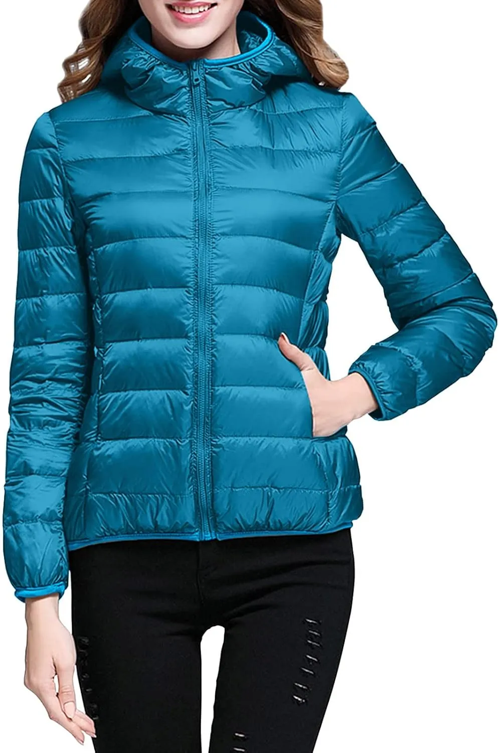 Women's Winter Coats Lightweight Packable Hooded Puffer Jacket Warm Down Coat Ski Coat Long Sleeve Zip Up Quilted Overcoat