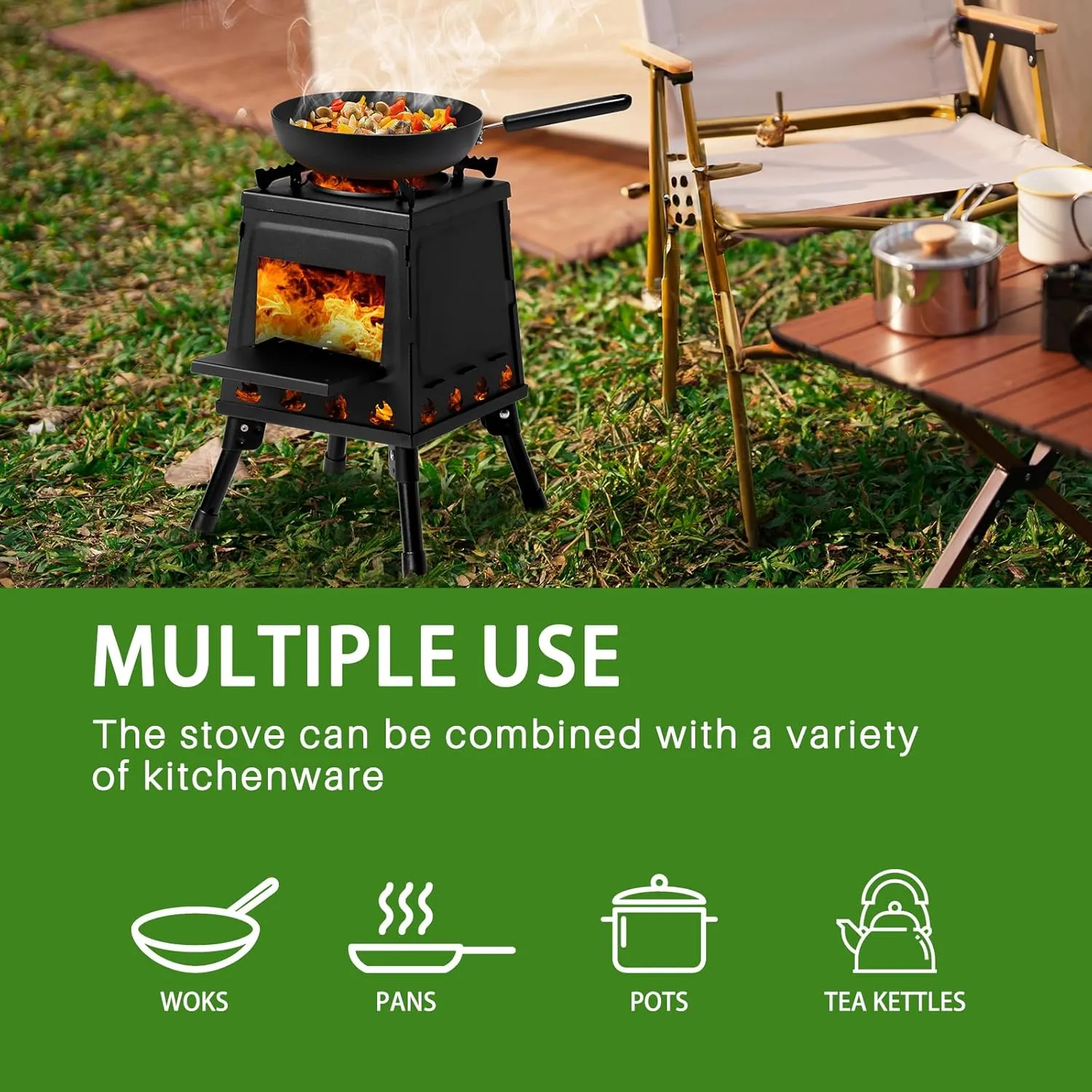 Wood Burning Stove with Pot Stand, Portable Camping Wood Stove with Folding Leg, Outdoor Cast Iron Wood Stove with Carrying Bag, Firewood Hook for Camping Cooking, Small
