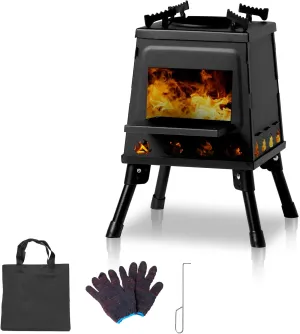 Wood Burning Stove with Pot Stand, Portable Camping Wood Stove with Folding Leg, Outdoor Cast Iron Wood Stove with Carrying Bag, Firewood Hook for Camping Cooking, Small