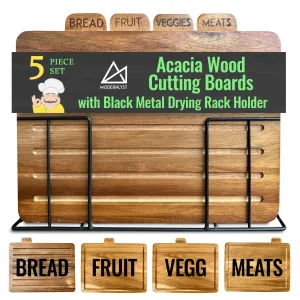 Wooden MODERNLYST Acacia Wood Cutting Boards for Kitchen with Holder | Labeled Food Use Tabs | Modern Wooden Cutting Board Set | 13 x 11 x 2.5 in. Large Organized Chopping Board Set of 4 with Black Stand