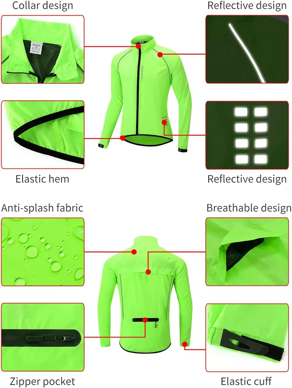 WOSAWE Men's Cycling Wind Jacket Reflective Ultralight Windbreaker