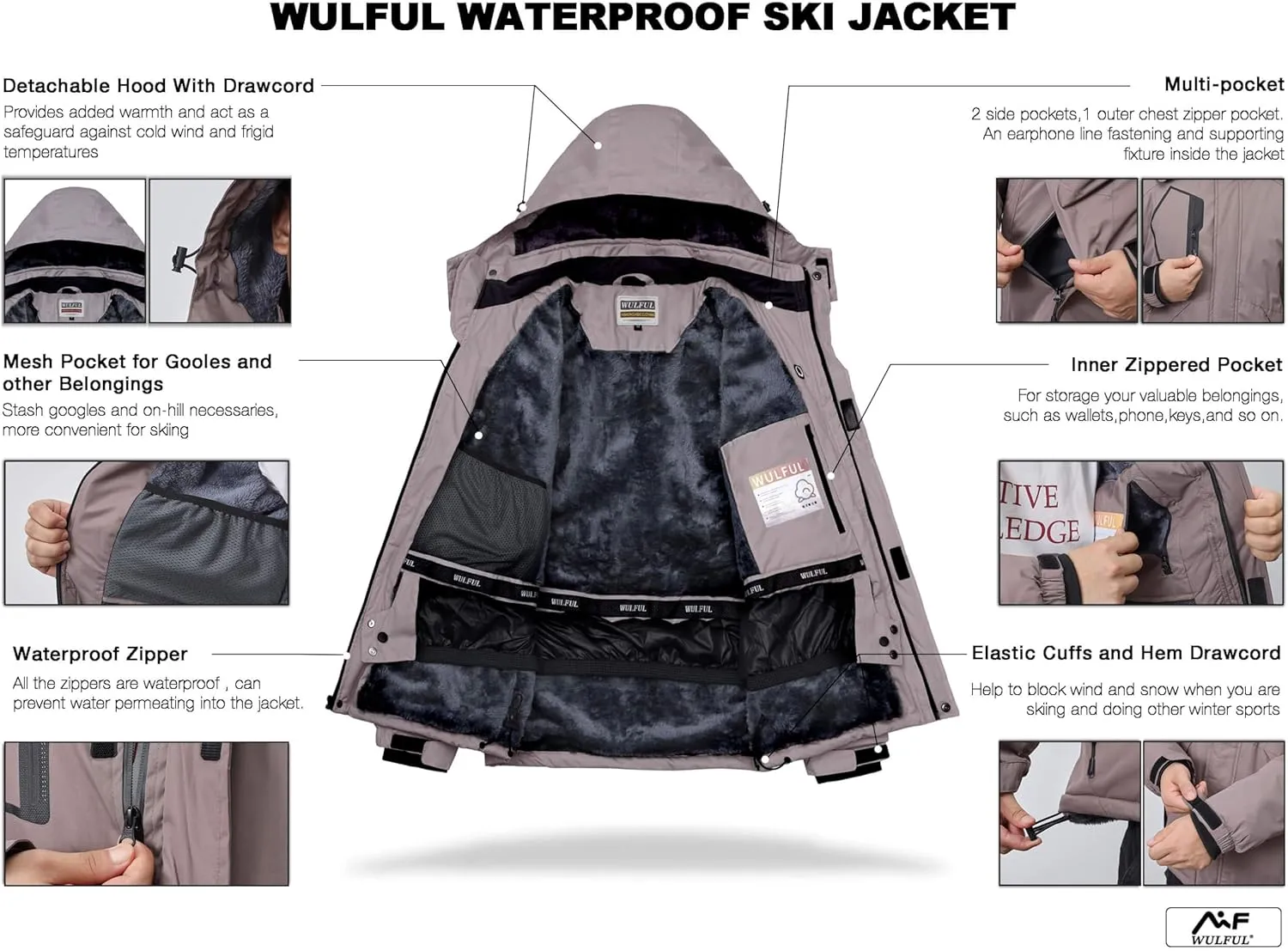 WULFUL Men's Waterproof Ski Jacket Warm Winter Snow Coat Mountain Windbreaker