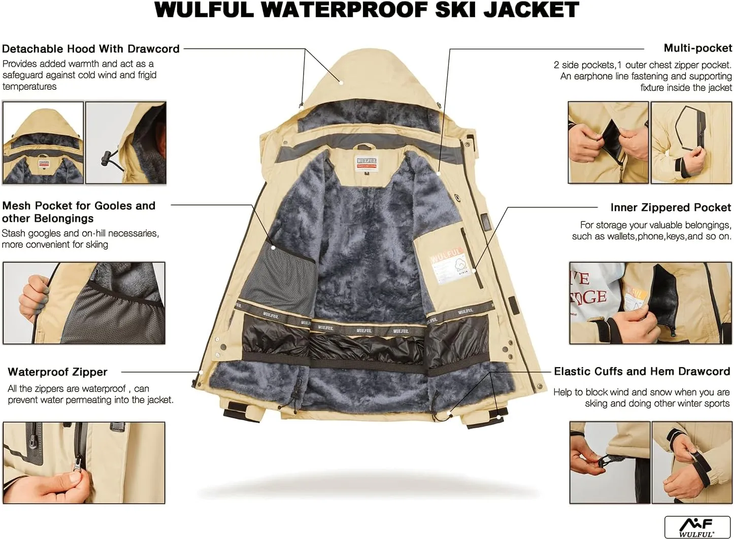 WULFUL Men's Waterproof Ski Jacket Warm Winter Snow Coat Mountain Windbreaker