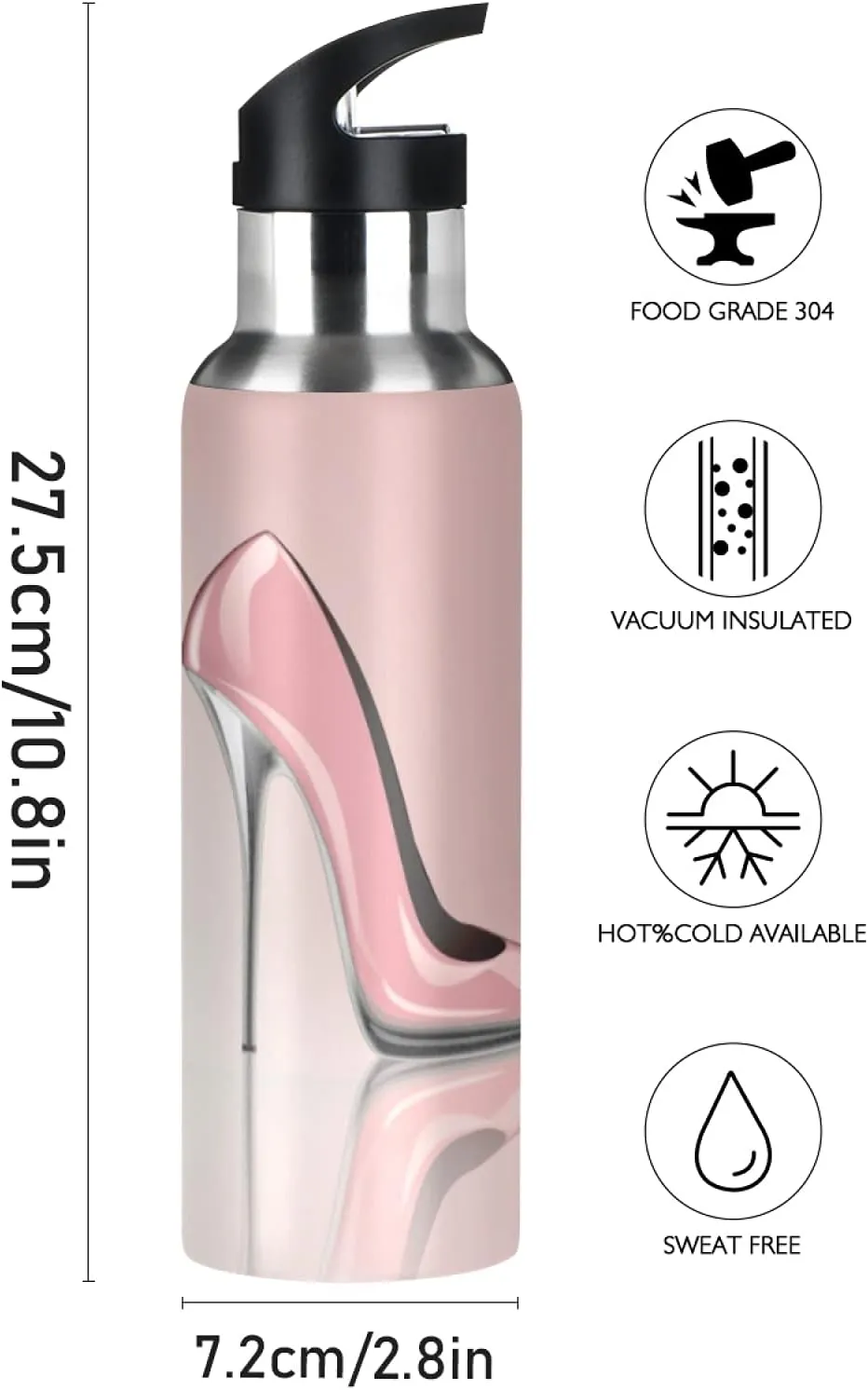 xigua Elegant Pink High Heel Shoes Water Bottle with Straw Lid 20 oz - Vacuum Insulated Stainless Steel Water Bottles Leakproof Water Flask for Fitness Sports Outdoor