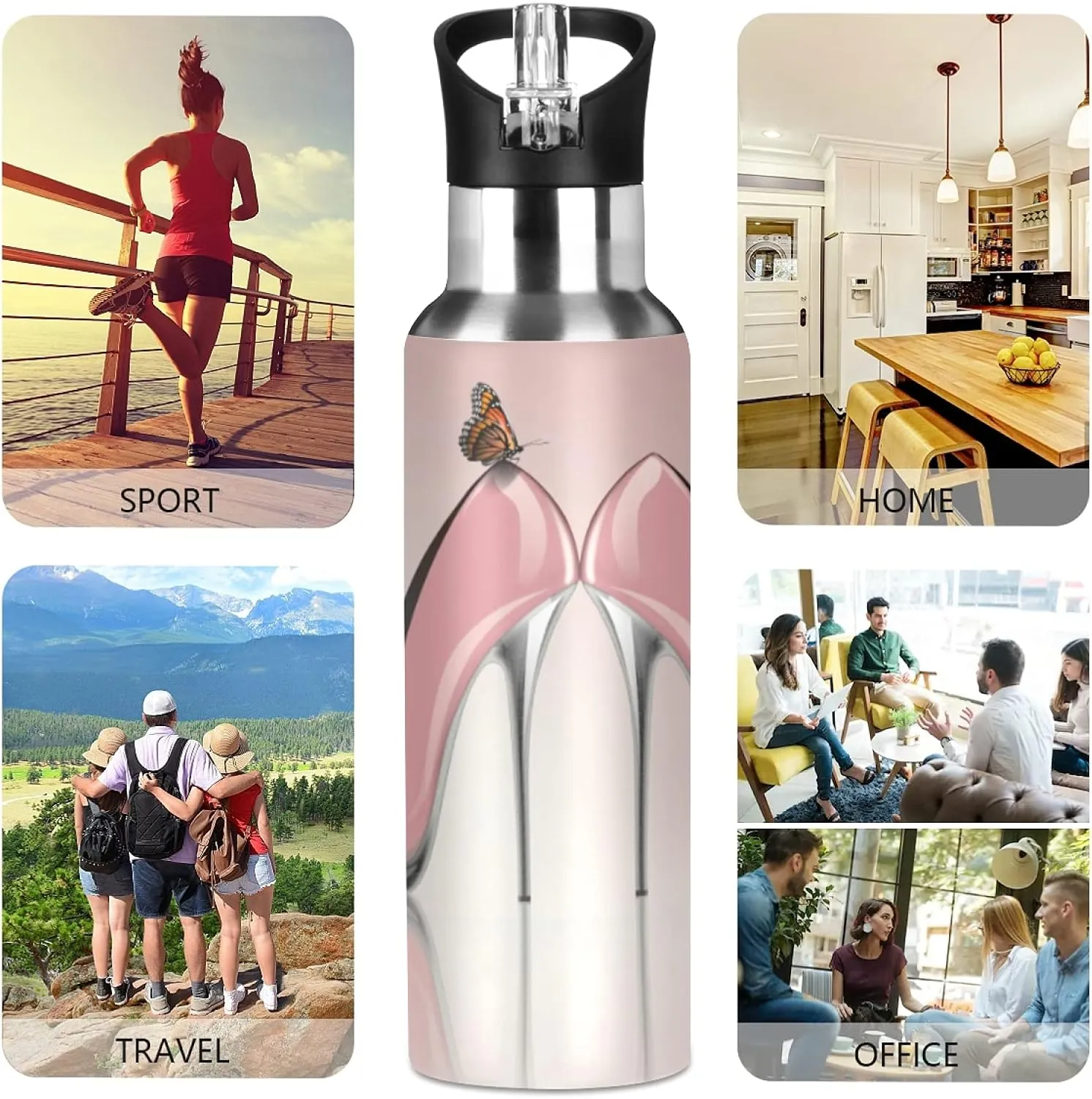 xigua Elegant Pink High Heel Shoes Water Bottle with Straw Lid 20 oz - Vacuum Insulated Stainless Steel Water Bottles Leakproof Water Flask for Fitness Sports Outdoor