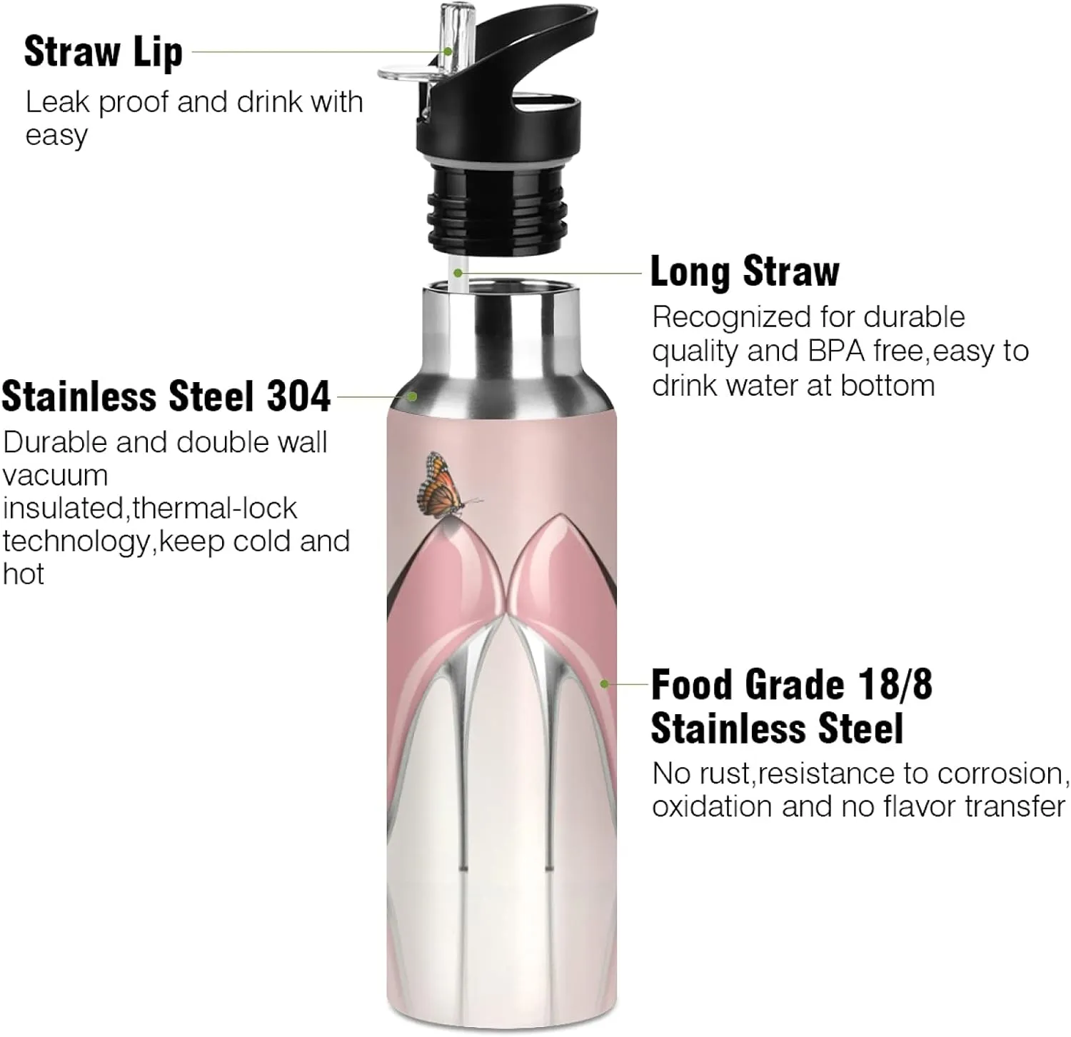 xigua Elegant Pink High Heel Shoes Water Bottle with Straw Lid 20 oz - Vacuum Insulated Stainless Steel Water Bottles Leakproof Water Flask for Fitness Sports Outdoor