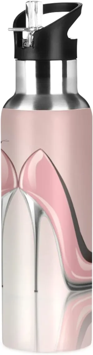 xigua Elegant Pink High Heel Shoes Water Bottle with Straw Lid 20 oz - Vacuum Insulated Stainless Steel Water Bottles Leakproof Water Flask for Fitness Sports Outdoor